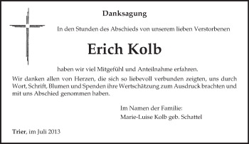 Traueranzeige von Erich Kolb von TRIERISCHER VOLKSFREUND
