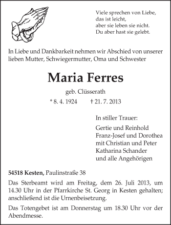Traueranzeige von Maria Ferres von TRIERISCHER VOLKSFREUND