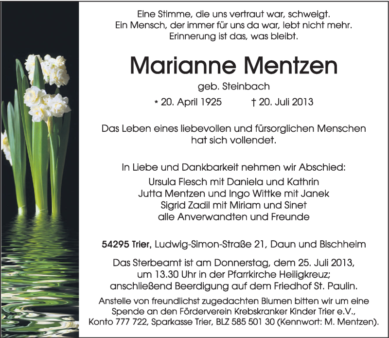  Traueranzeige für Marianne Mentzen vom 23.07.2013 aus TRIERISCHER VOLKSFREUND