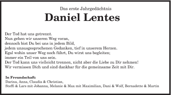 Traueranzeige von Daniel Lentes von TRIERISCHER VOLKSFREUND