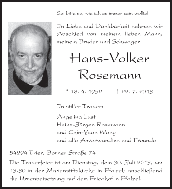 Traueranzeige von Hans-Volker Rosemann von TRIERISCHER VOLKSFREUND