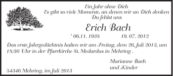 Traueranzeige von Erich Bach von TRIERISCHER VOLKSFREUND
