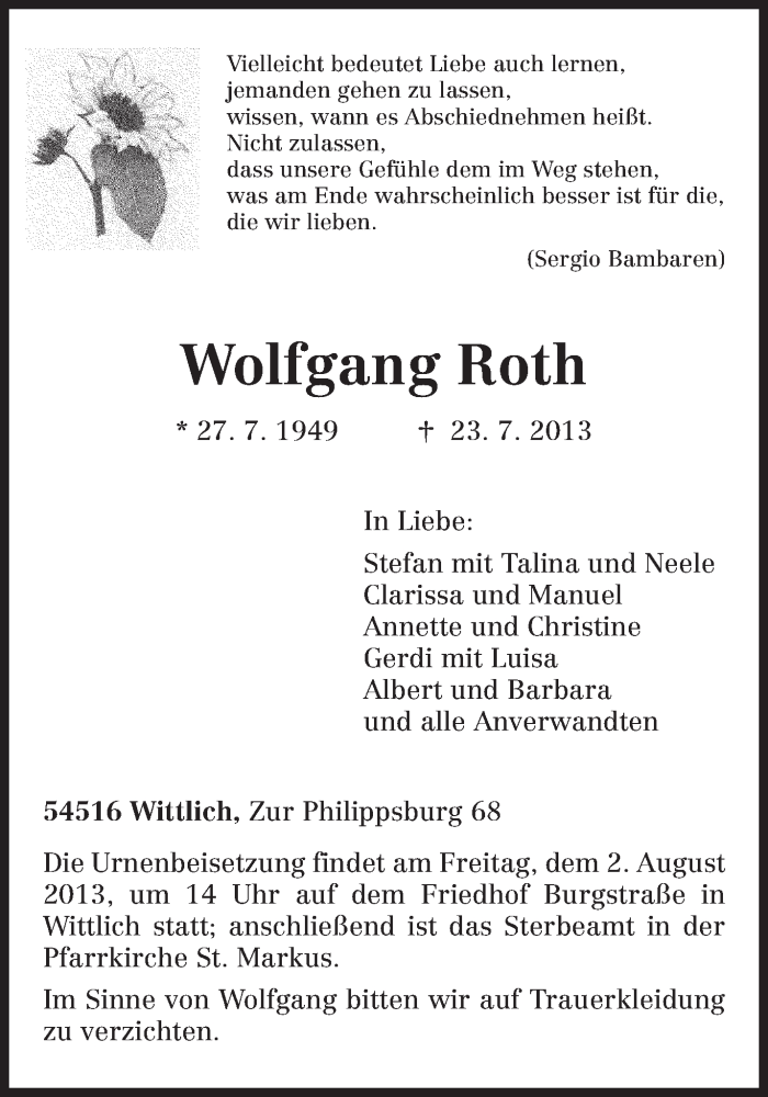  Traueranzeige für Wolfgang Roth vom 27.07.2013 aus TRIERISCHER VOLKSFREUND