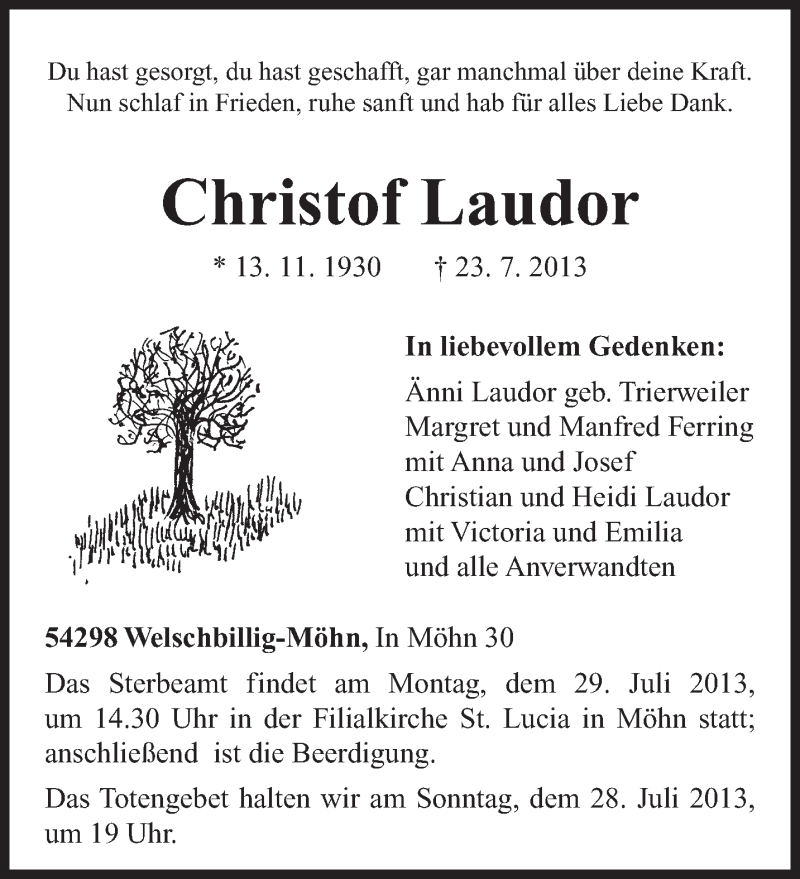  Traueranzeige für Christof Laudor vom 27.07.2013 aus TRIERISCHER VOLKSFREUND