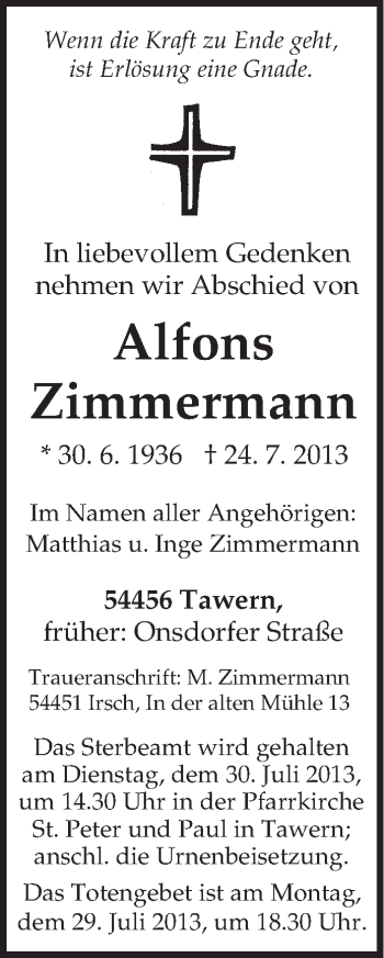 Traueranzeige von Alfons Zimmermann von TRIERISCHER VOLKSFREUND