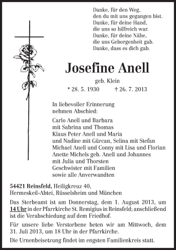 Traueranzeige von Josefine Anell von TRIERISCHER VOLKSFREUND