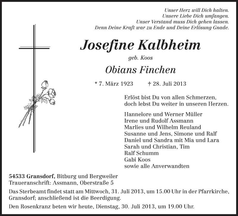  Traueranzeige für Josefine Kalbheim vom 30.07.2013 aus TRIERISCHER VOLKSFREUND