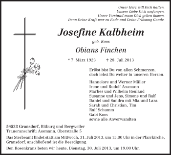 Traueranzeige von Josefine Kalbheim von TRIERISCHER VOLKSFREUND