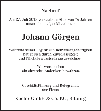 Traueranzeige von Johann Görgen von TRIERISCHER VOLKSFREUND