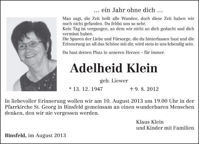  Traueranzeige für Adelheid Klein vom 03.08.2013 aus TRIERISCHER VOLKSFREUND