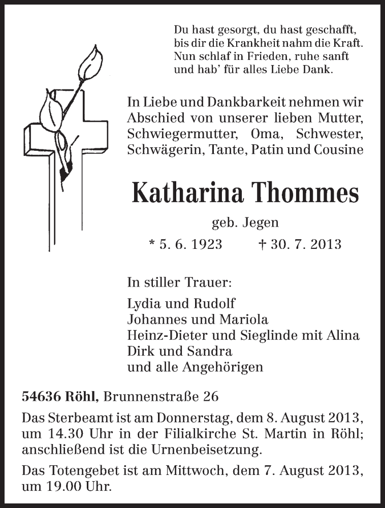  Traueranzeige für Katharina Thommes vom 03.08.2013 aus TRIERISCHER VOLKSFREUND