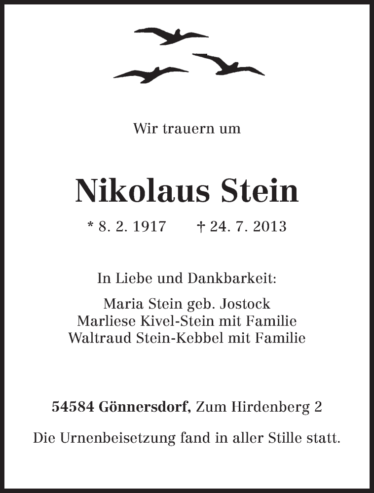  Traueranzeige für Nikolaus Stein vom 03.08.2013 aus TRIERISCHER VOLKSFREUND