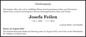 Traueranzeige von Josefa Feilen von TRIERISCHER VOLKSFREUND