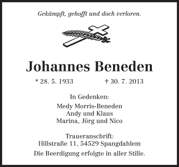 Traueranzeige von Johannes Beneden von TRIERISCHER VOLKSFREUND