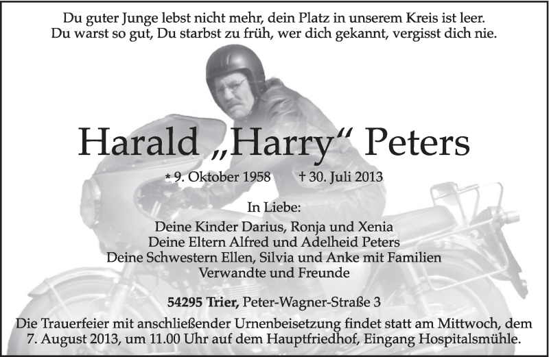  Traueranzeige für Harald Peters vom 03.08.2013 aus TRIERISCHER VOLKSFREUND