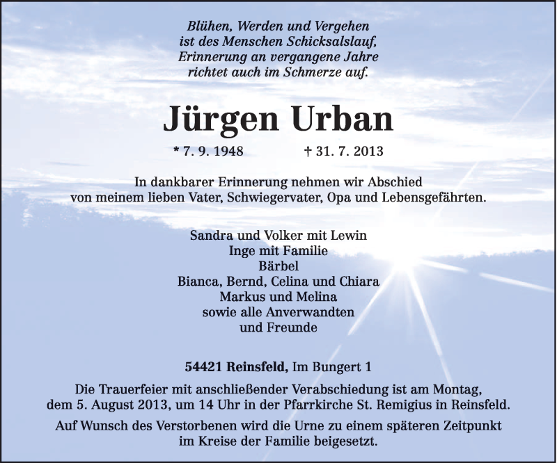  Traueranzeige für Jürgen Urban vom 03.08.2013 aus TRIERISCHER VOLKSFREUND