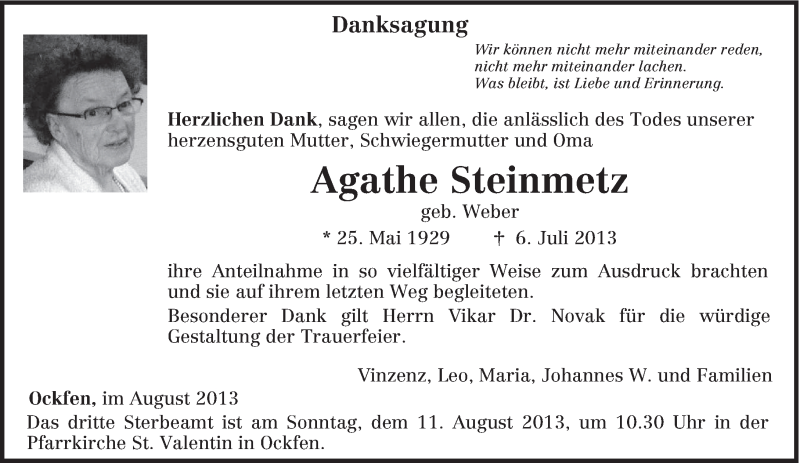  Traueranzeige für Agathe Steinmetz vom 03.08.2013 aus TRIERISCHER VOLKSFREUND