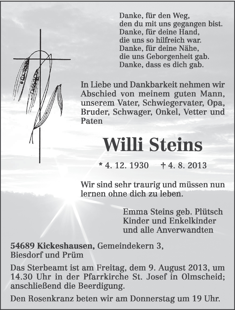  Traueranzeige für Willi Steins vom 06.08.2013 aus TRIERISCHER VOLKSFREUND