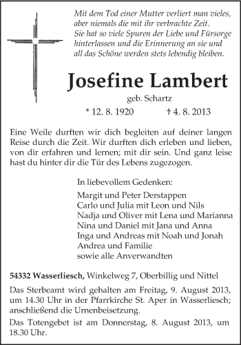 Traueranzeige von Josefine Lambert von TRIERISCHER VOLKSFREUND