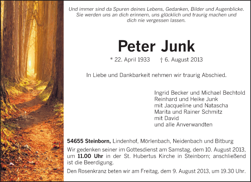 Traueranzeige für Peter Junk vom 08.08.2013 aus TRIERISCHER VOLKSFREUND