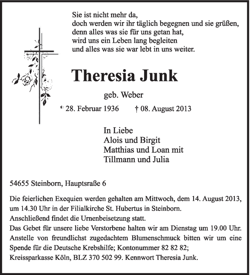  Traueranzeige für Theresia Junk vom 12.08.2013 aus TRIERISCHER VOLKSFREUND