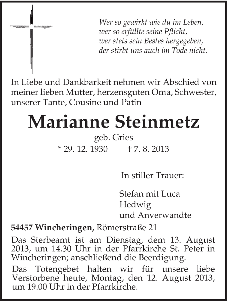  Traueranzeige für Marianne Steinmetz vom 12.08.2013 aus TRIERISCHER VOLKSFREUND