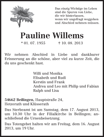 Traueranzeige von Pauline Willems von TRIERISCHER VOLKSFREUND