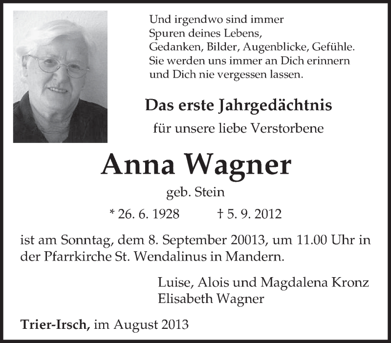  Traueranzeige für Anna Wagner vom 31.08.2013 aus TRIERISCHER VOLKSFREUND