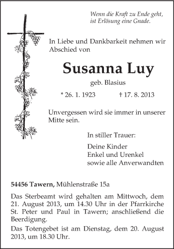 Traueranzeige von Susanna Luy von TRIERISCHER VOLKSFREUND