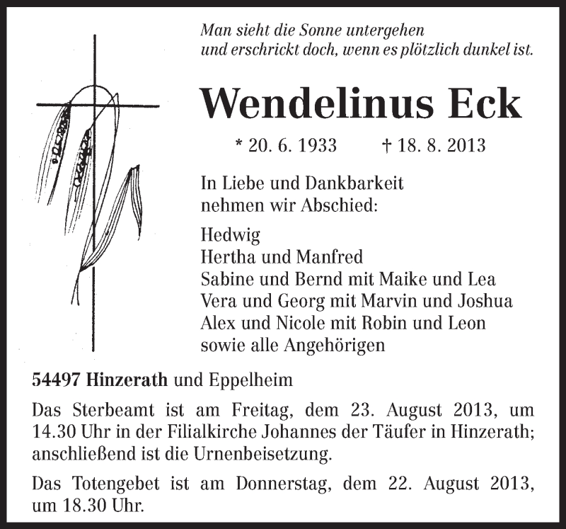  Traueranzeige für Wendelinus Eck vom 20.08.2013 aus TRIERISCHER VOLKSFREUND