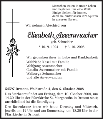 Traueranzeige von Elisabeth Assenmacher von TRIERISCHER VOLKSFREUND