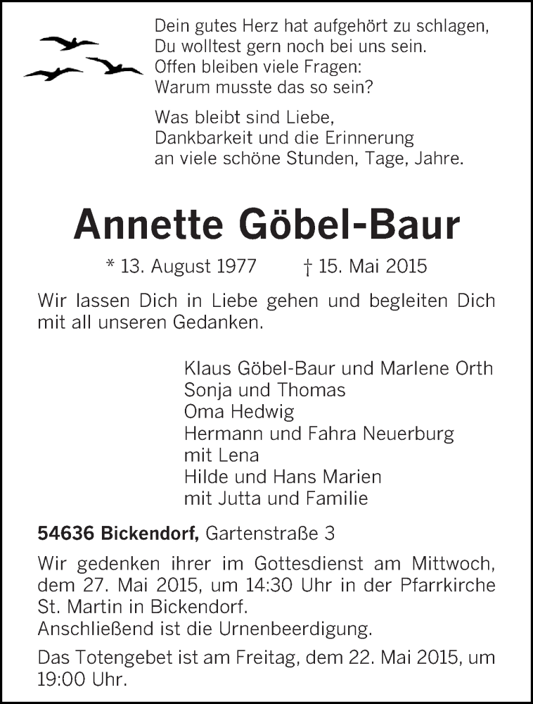  Traueranzeige für Annette Göbel-Baur vom 19.05.2015 aus trierischer_volksfreund