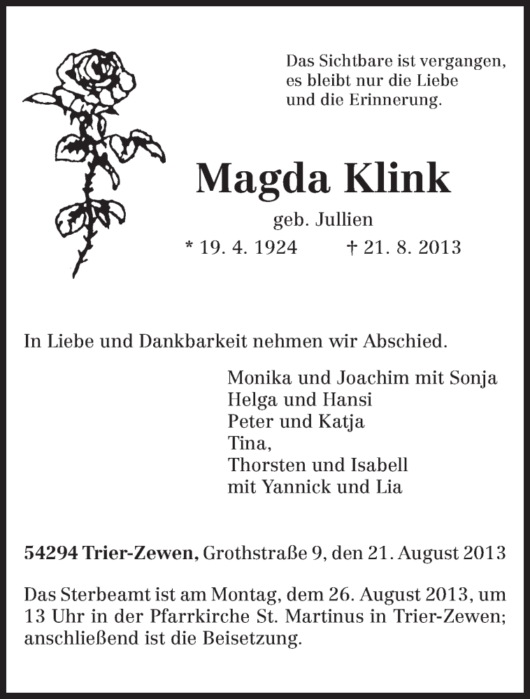  Traueranzeige für Magda Klink vom 23.08.2013 aus TRIERISCHER VOLKSFREUND