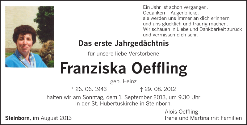  Traueranzeige für Franziska Oeffling vom 24.08.2013 aus TRIERISCHER VOLKSFREUND