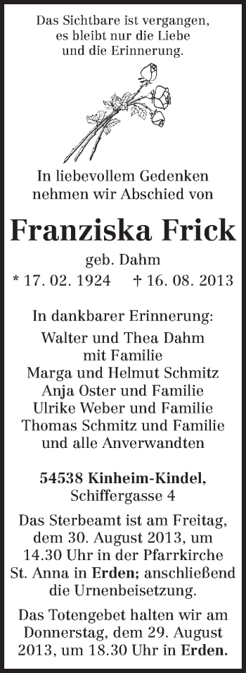 Traueranzeige von Franziska Frick von TRIERISCHER VOLKSFREUND