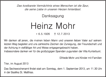 Traueranzeige von Heinz Mohr von TRIERISCHER VOLKSFREUND