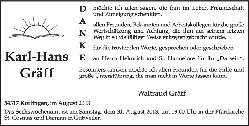  Traueranzeige für Karl-Hans Gräff vom 24.08.2013 aus TRIERISCHER VOLKSFREUND