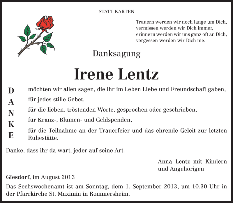 Traueranzeigen von Irene Lentz | Volksfreund.Trauer.de