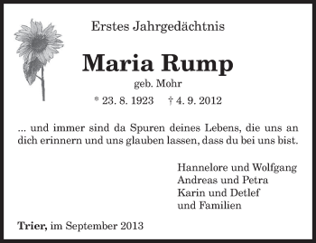 Traueranzeige von Maria Rump von TRIERISCHER VOLKSFREUND