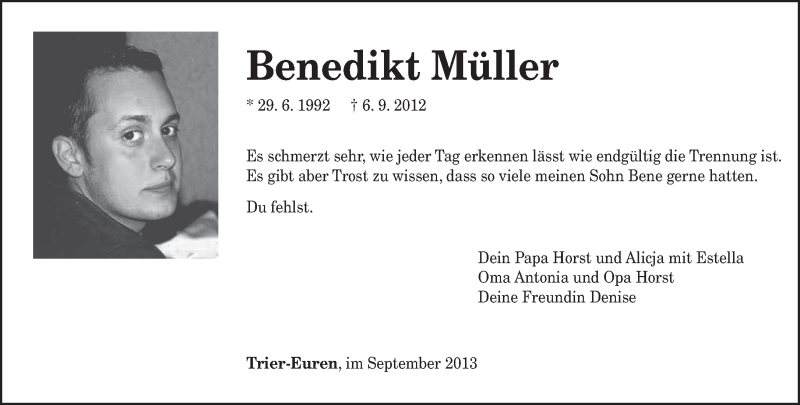  Traueranzeige für Benedikt Müller vom 06.09.2013 aus TRIERISCHER VOLKSFREUND