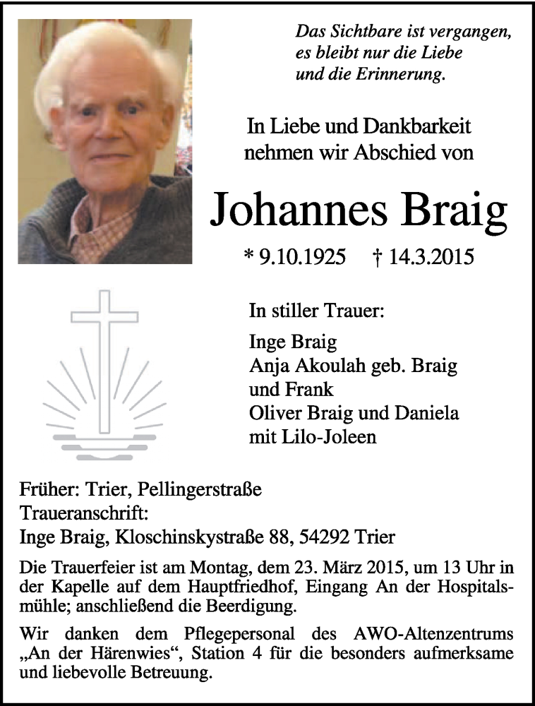  Traueranzeige für Johannes Braig vom 18.03.2015 aus trierischer_volksfreund