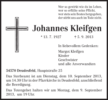 Traueranzeige von Johannes Kleifgen von TRIERISCHER VOLKSFREUND