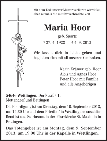 Traueranzeige von Maria Hoor von TRIERISCHER VOLKSFREUND