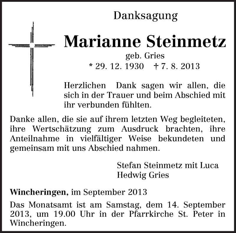 Traueranzeige für Marianne Steinmetz vom 07.09.2013 aus TRIERISCHER VOLKSFREUND