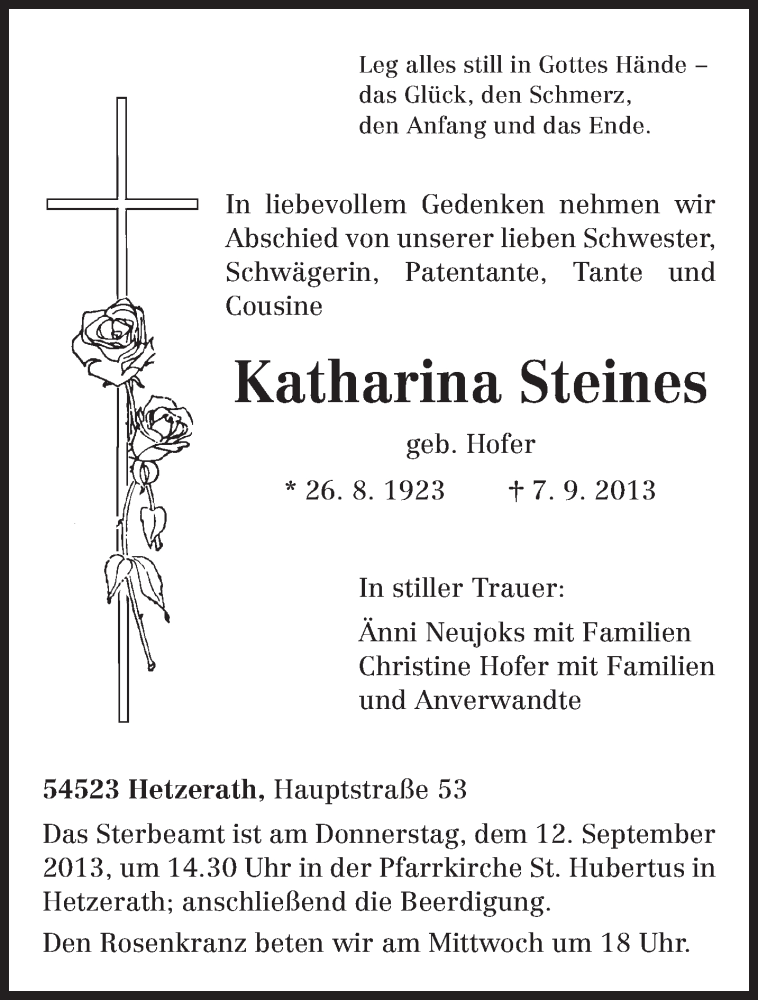  Traueranzeige für Katharina Steines vom 09.09.2013 aus TRIERISCHER VOLKSFREUND