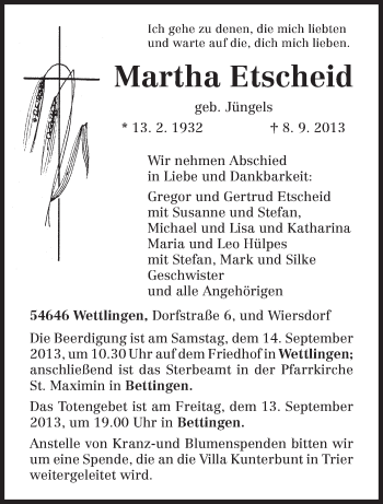 Traueranzeige von Martha Etscheid von TRIERISCHER VOLKSFREUND