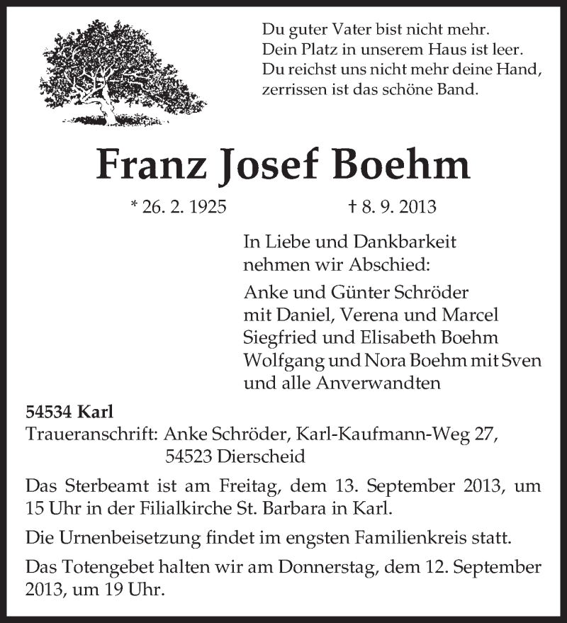  Traueranzeige für Franz Josef Boehm vom 11.09.2013 aus TRIERISCHER VOLKSFREUND