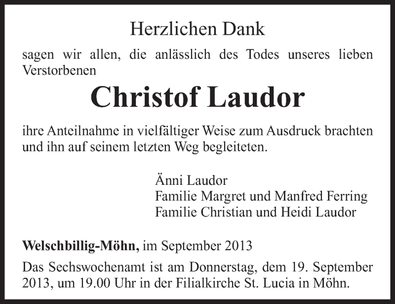  Traueranzeige für Christof Laudor vom 14.09.2013 aus TRIERISCHER VOLKSFREUND