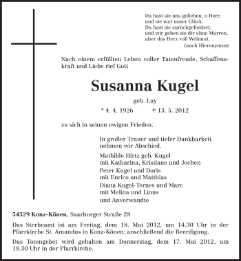 Traueranzeige von Susanna Kugel von TRIERISCHER VOLKSFREUND