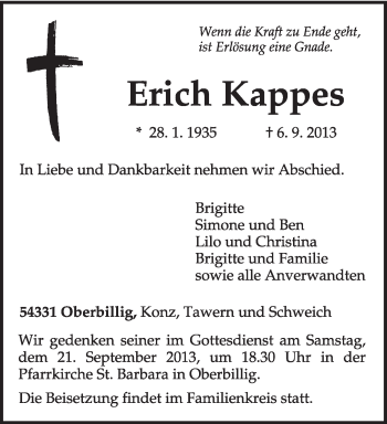 Traueranzeige von Erich Kappes von TRIERISCHER VOLKSFREUND
